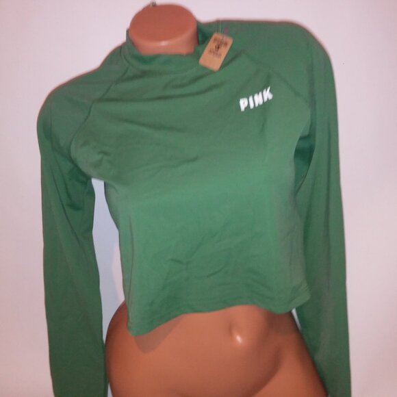Victoria Secret PINK Swim Rash Guard Large Green Solid Long Sleeve Logo Crew Nec - Picture 3 of 6